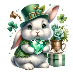 Adorable Bunny Holding a Heart-Shaped Gem on St. Patrick&rsquo;s Day