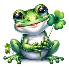 Smiling Lucky Frog Holding a Shamrock for St. Patrick&rsquo;s Day