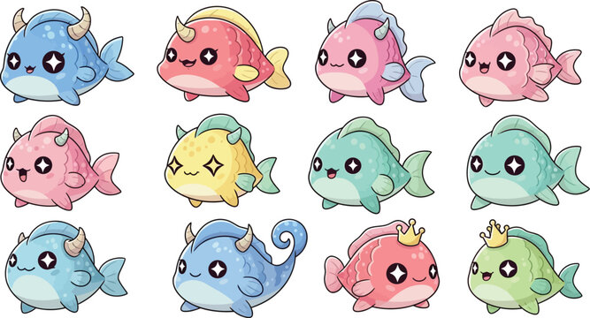 Kawaii fish monsters with horns and crowns cute character sprites for mobile games isolated on transparent background set