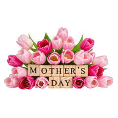 Beautiful pink tulips arranged with wooden blocks spelling mother's day