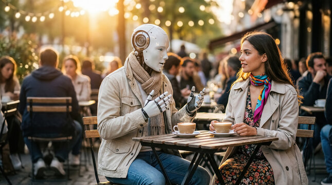 Humanoid robot and woman talking at sidewalk cafe. AI in futuristic everyday life, casual coffee conversation, urban lifestyle and human‑robot interaction concept.