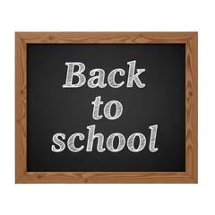 A classic black chalkboard with a wooden frame displaying back to school message.