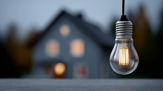 Light bulb illuminated in foreground with a blurred house in the background, symbolizing rising electricity prices and government intervention in Poland's energy sector