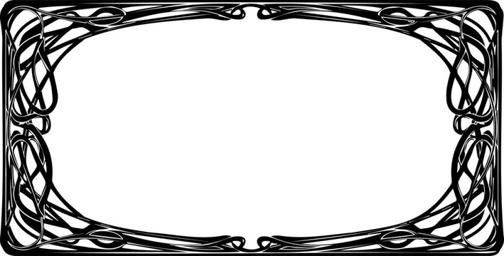 A black and white vector graphic of an ornate rectangular frame with a Celtic knot design