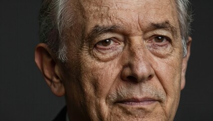 Portrait of a senior man with a strong expression looking directly into the camera with a dark background