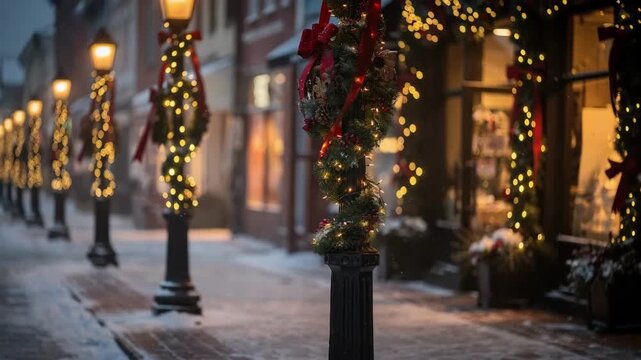 Medium shot capturing warm golden holiday string lights wrapped around lamp posts with blurred red ribbons and festive wreath props enhancing the winter street scene.