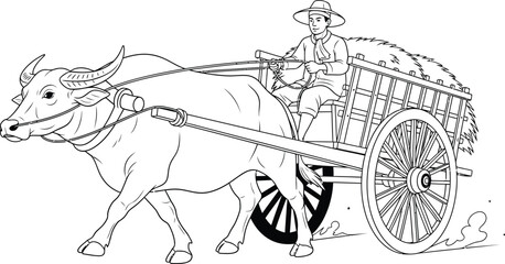 Traditional line art illustration of farmer driving water buffalo cart through rural field for agricultural heritage