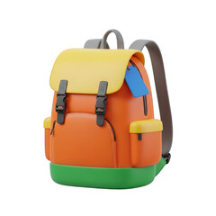 A vibrant orange and green backpack with yellow accents and a blue tag.