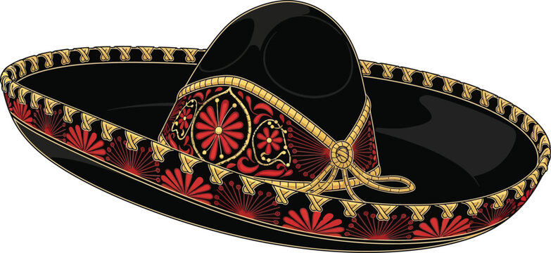 Traditional mexican charro sombrero hat with intricate red and gold embroidery, cultural attire