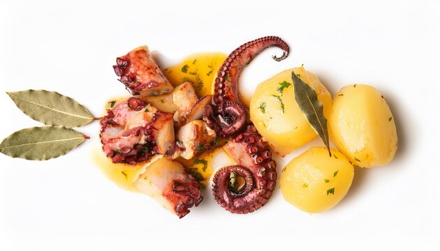 Octopus a lagareiro with roasted potatoes and bay leaf