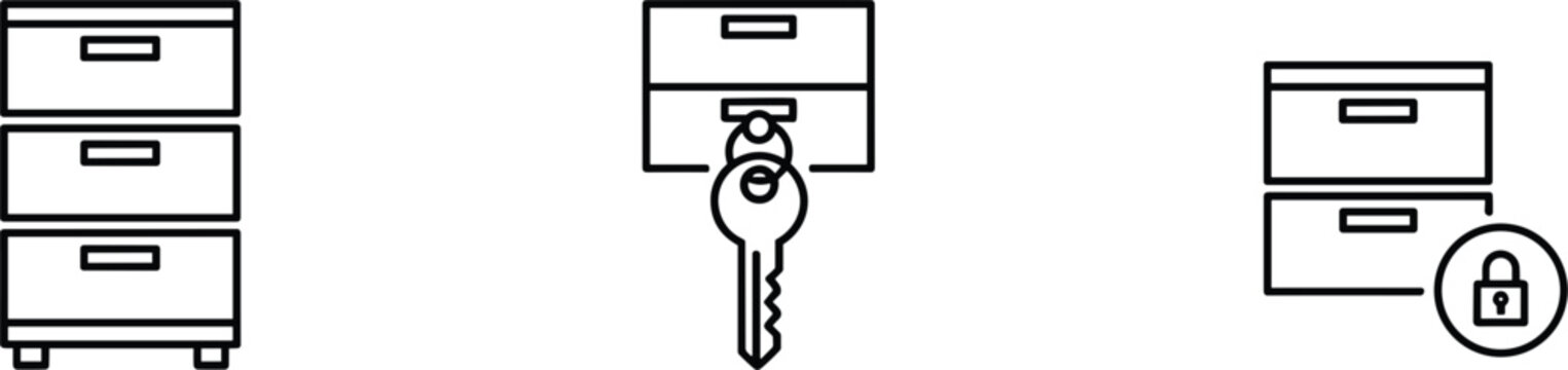 Secure storage cabinet icon set with locked drawers key access symbols outline vector collection for office web ui