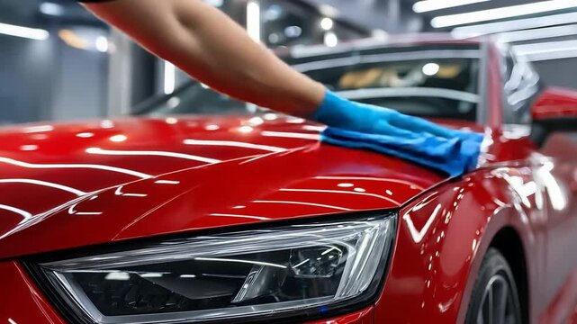 Hand in blue glove polishing shiny red car hood with microfiber cloth
