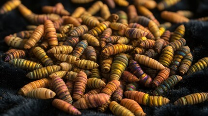 Close up of a pile of iridescent beetle shells with segmented textures and earthy colors