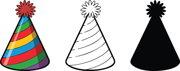 Obraz premium Birthday or party hat silhouette & Outline and illustration set isolated on transparent background