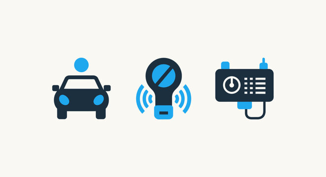 Vehicle Technology Icons: Driverless Car, Signal Jammer, and Onboard Diagnostic Tool