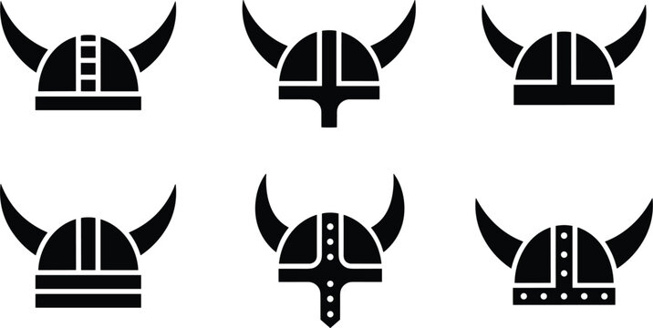 Viking helmet icon set with horned nordic warrior helmets minimalist solid vector collection for logos games