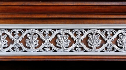 Ornate silver metal filigree decoration with intricate leaf patterns on a rich wooden background