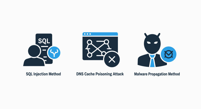 Cybersecurity Threat Icons: SQL Injection, DNS Cache Poisoning, and Malware Propagation Attack Methods