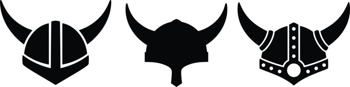 Viking helmet silhouette set featuring classic horned designs for historical or fantasy-themed concepts.