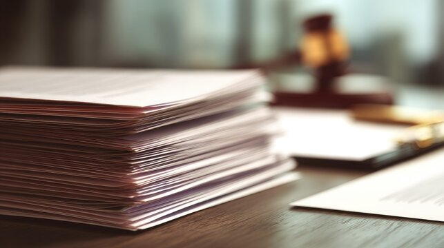 Stack of papers and legal hammer on a wooden table