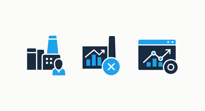 Icons for factory, analytics with decline, and growth chart, representing industrial decline and recovery.