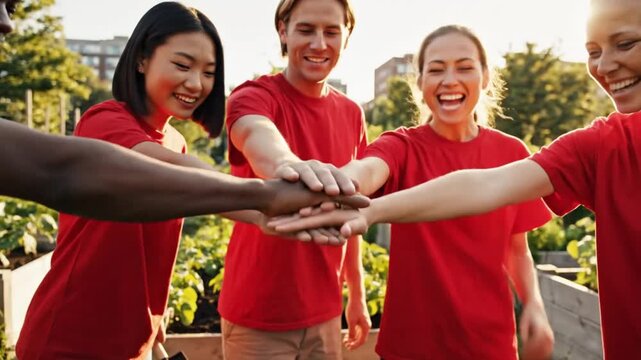 A group of diverse young adults wearing red t-shirts stacking hands in a symbol of unity and teamwork during a video community event outdoors