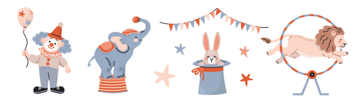 Circus set of illustrations with a clown holding a balloon, an elephant, a rabbit in a hat and a lion jumping through a hoop, flat style