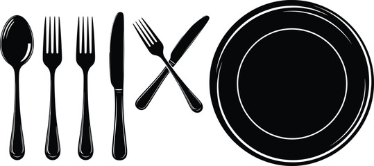 Black and white cutlery and plate silhouette illustration featuring spoon fork knife tableware set, dining restaurant symbols, kitchen utensil icons, minimalist vector design collection