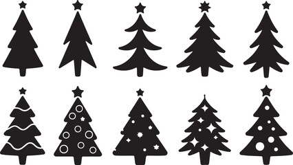 Obraz premium A group of ten black silhouette Christmas trees with varied decorations including stars and ornaments