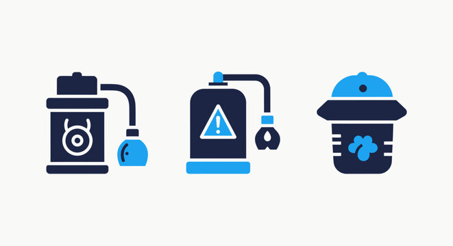 Pest Control and Cleaning Icons: Sprayers, Warning Labels, and Disinfectant