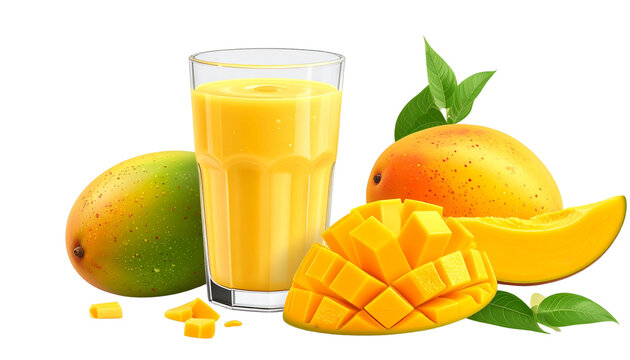 Glass of Mango Lassi with Fresh Mango Pieces Realistic Image Isolated on Transparent Background