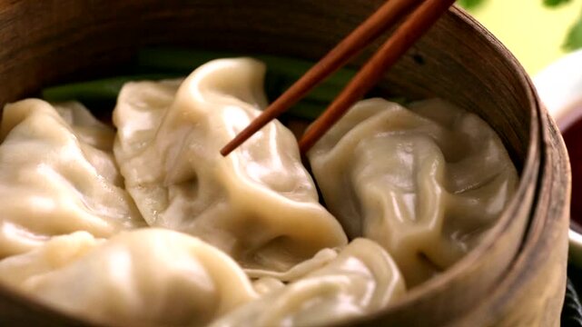Traditional Chinese Dumplings in Bamboo Steamer