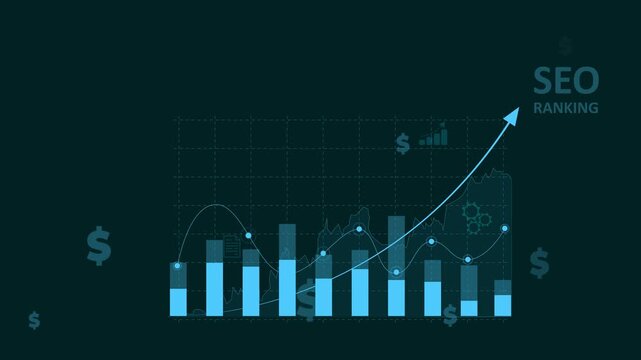 A marketer holds a pen pointing to a graph and shows SEO concepts, optimization analysis tools, search engine rankings, social media sites based. Motion graphics of business concept
