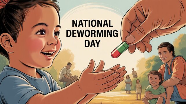 National Deworming Day illustration showing child receiving preventive medicine safely.