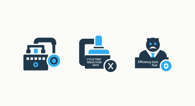 Icons representing industrial efficiency: machinery, process path, and employee performance tools on white background