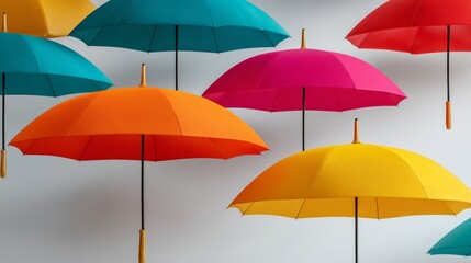 Obraz premium Colorful umbrellas in various vibrant hues floating chaotically against a light background, creating a dynamic and playful visual composition with overlapping elements