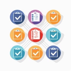 Grid of colorful circular featuring checklists and checkmarks connected by dotted lines representing a network of tasks or data points in a modern flat
