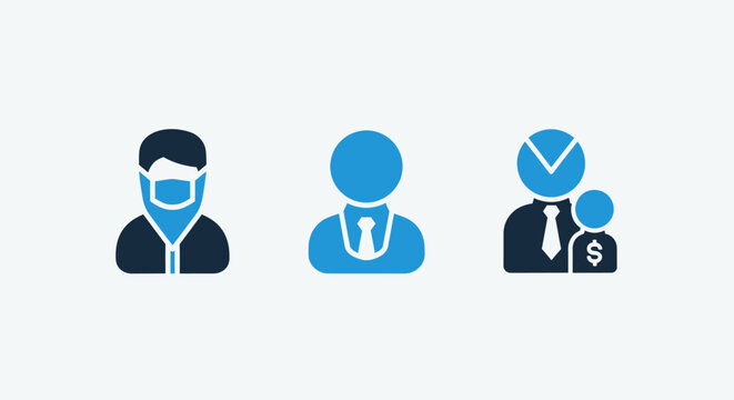 Business and Finance Icons: Masked Man, Executive, and Investor
