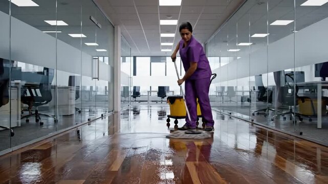 A janitor in purple uniform cleaning a shiny office floor with a mop in a modern workspace video