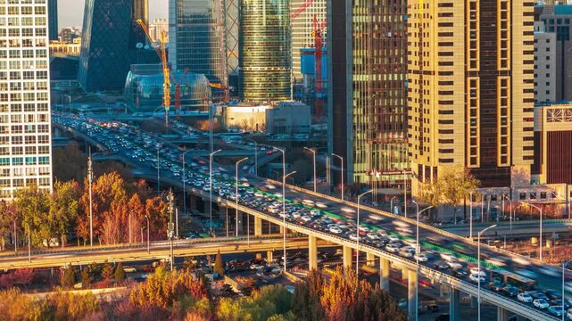 Beijing Guomao Bridge Rush Hour Traffic and Skyline