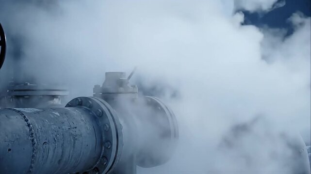 Industrial pipe with steam or smoke, metal cylindrical structure with rivets, distressed texture, for industrial or mechanical concept, overlay effect, for website or presentation background