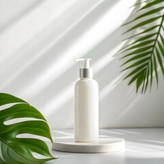 White Pump Bottle Skincare Mockup with Tropical Leaves