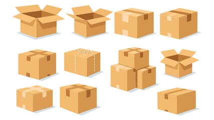Fototapeta premium Assorted illustrations of cardboard boxes in various sizes and states of opening