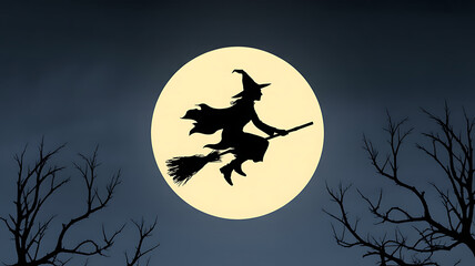 A silhouette of a witch flying on a broomstick under a full moon.