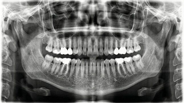Panoramic jaw radiography (Orthopantomogram, OPG): displaying the upper and lower jaw, tooth roots, fillings, and crowns. Concepts: dentistry, diagnostics, oral health, medical imaging