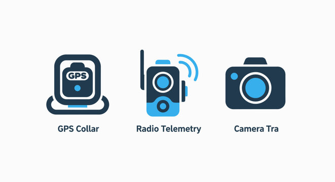 Wildlife Tracking and Observation Icons with GPS Collar, Radio Telemetry, and Camera Trap for Animal Conservation and Research.