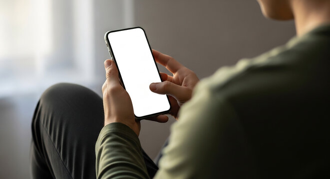 Man uses phone intently holding it closely indeed