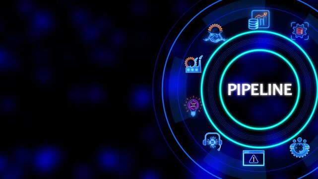 Business pipeline process flowchart with glowing neon and symbols on dark blue background for corporate finance and growth concepts