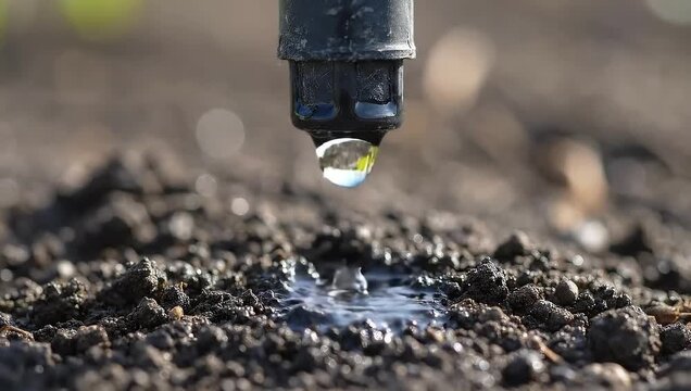 Water drip irrigation system on farmland, agriculture concept