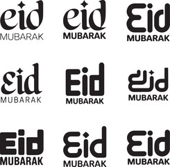 Vector collection of nine distinct black Eid Mubarak typography designs, featuring varied calligraphic and modern sans-serif styles, isolated on a white background.